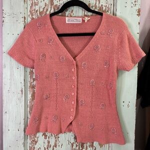 Women’s Dragon Speed pink floral embroidered knit button-up blouse